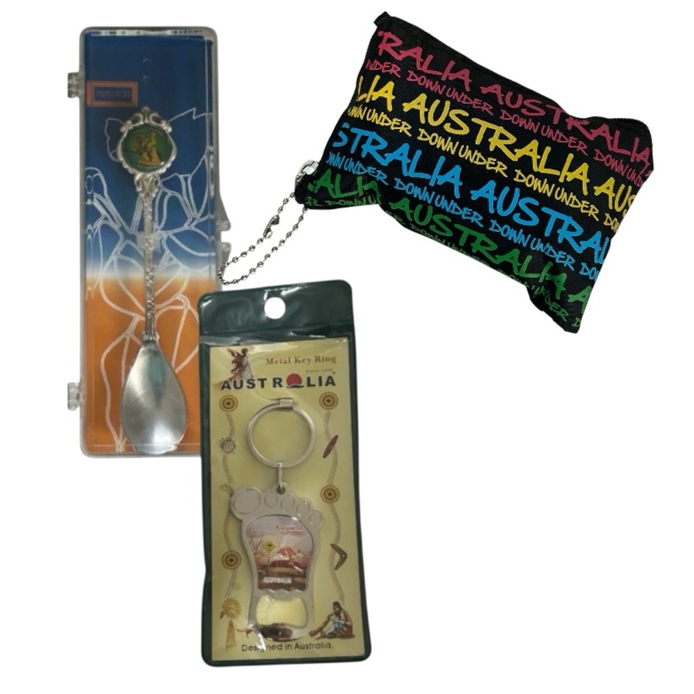 AUSTRALIA SOUVENIR BUNDLE SILVER PLATED SPOON VICTORIA KEYCHAIN REUSABLE BAG